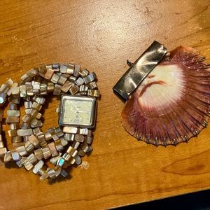 Old shell pendant and watch. Unknown if watch still works
